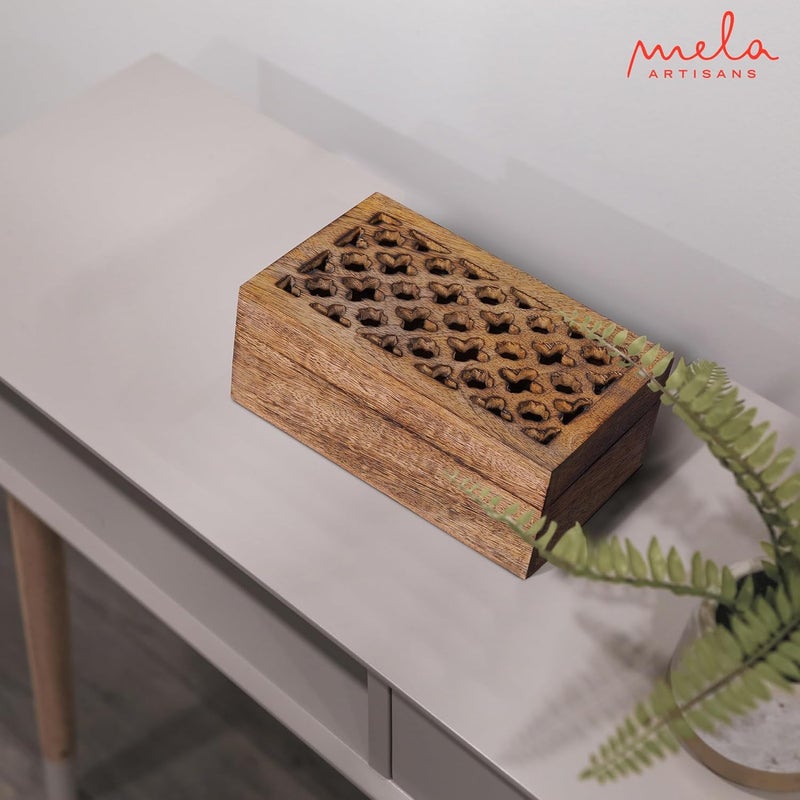 Mela Artisans Wooden Keepsake Box | Medium Burnt Mango Wood Memory & Photo Storage Box with Hinged Lid | Decorative Storage Box | Medium | 7.5x4.5x3 Inch - Image 5